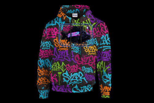 Black hoodie with a graphic design on the chest against a white background